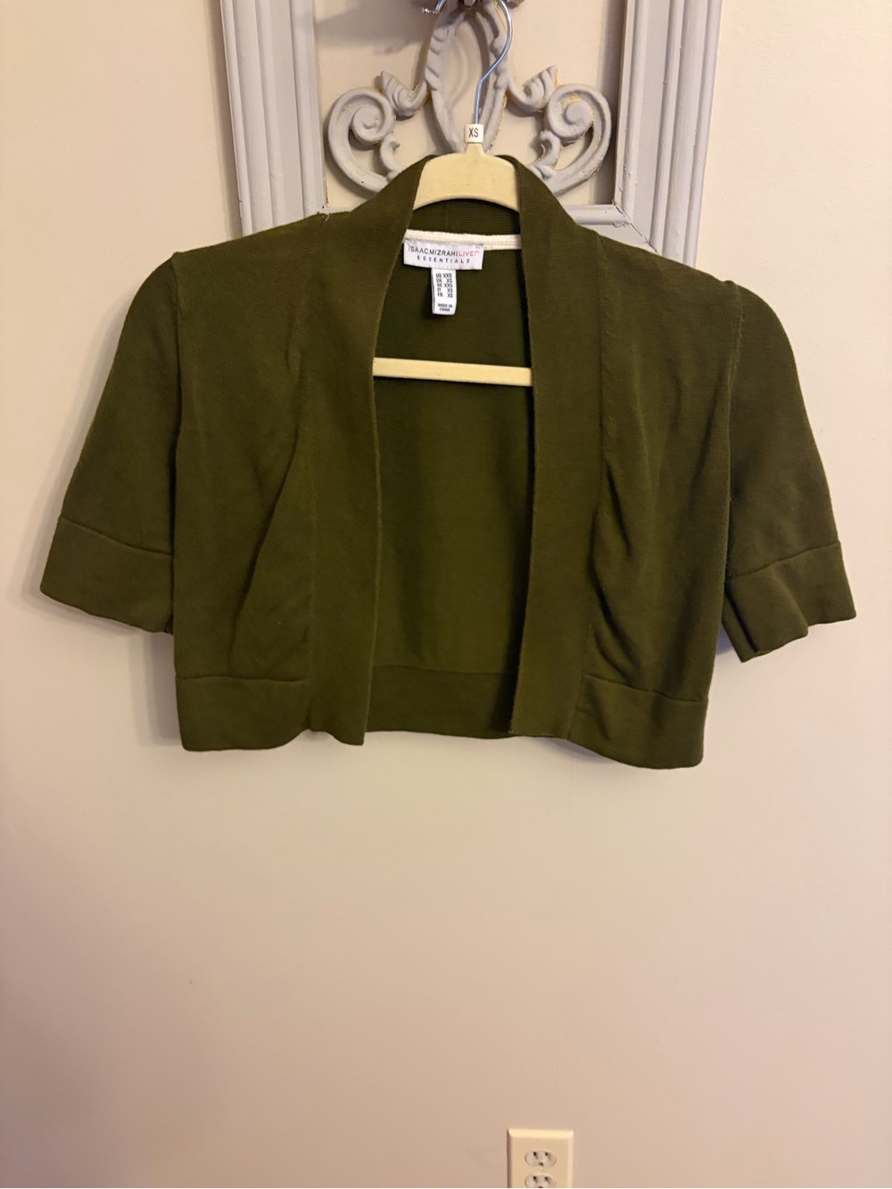Isaac Mizrahi Olive Cropped Short-Sleeve Open-Front Blazer